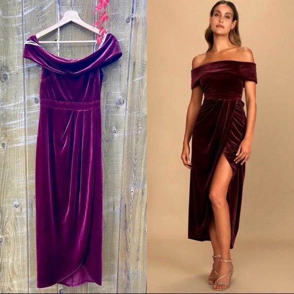 Lulus Dresses & Skirts - Plum Burgundy Velvet Off-the-Shoulder Maxi Dress 🌿